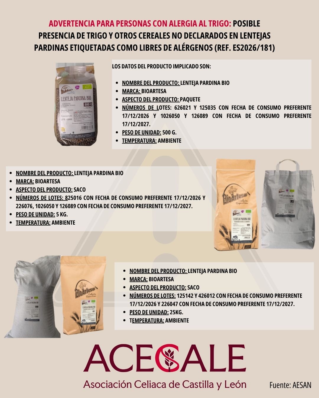 ⚠️⚠️ Alerta Alimentaría ⚠️⚠️ Advertencia para personas con alergia al trigo: posible presencia de trigo y otros cereales no declarados en lentejas pardinas etiquetadas como libres de alérgenos.