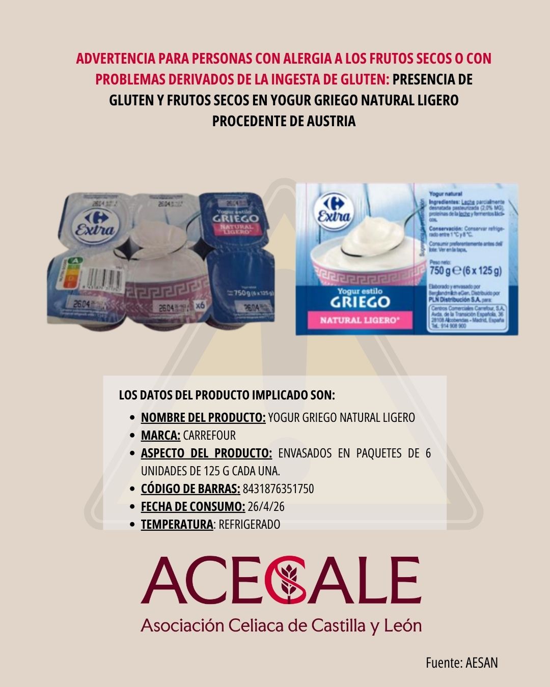 ⚠️⚠️ Alerta Alimentaría ⚠️⚠️ Advertencia presencia de gluten en yogur griego ligero marca Carrefour