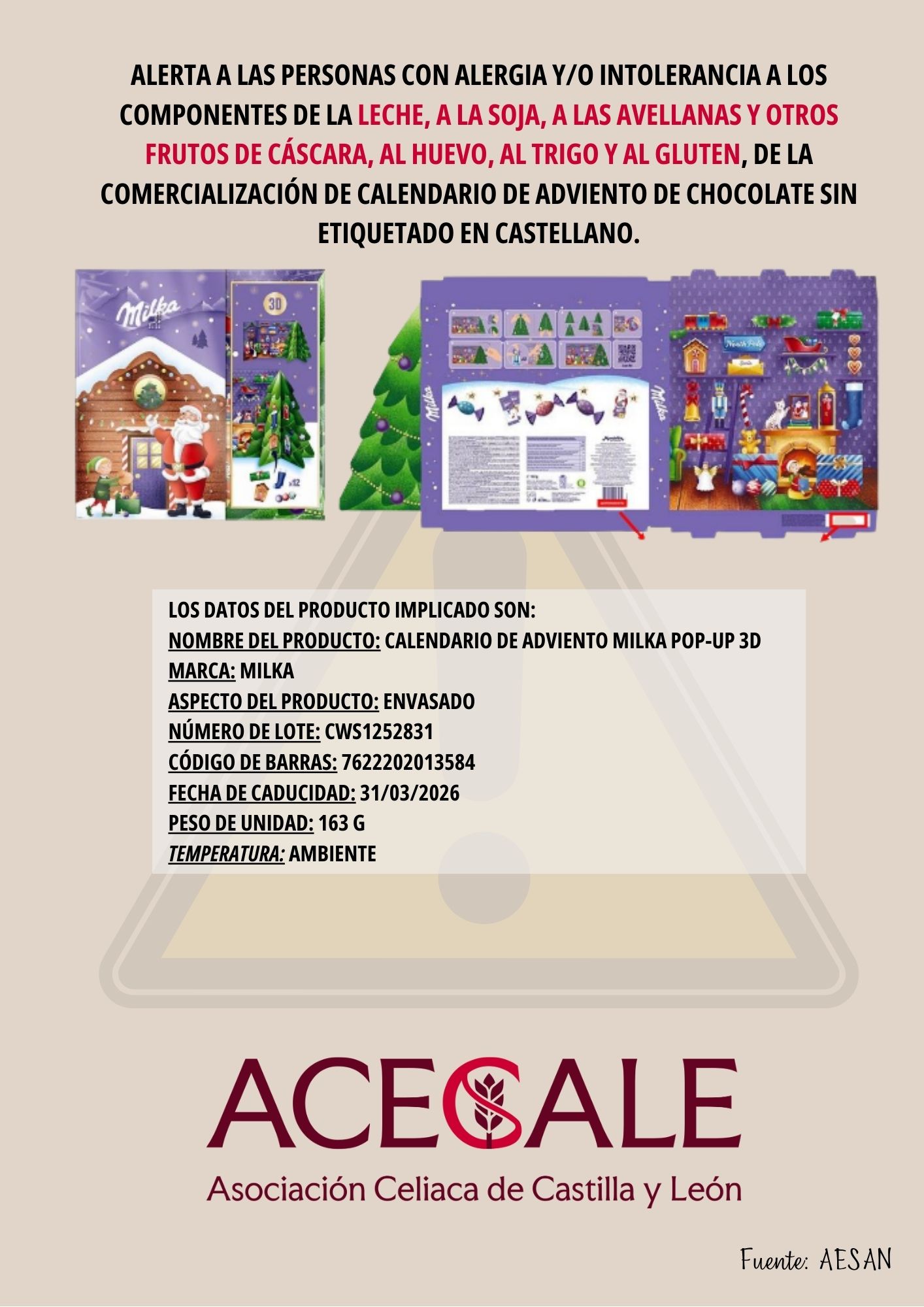 ⚠️⚠️ Alerta Alimentaría ⚠️⚠️ Advertencia de la ausencia del etiquetado en español del listado de ingredientes y alérgenos del Calendario de Adviento Milka