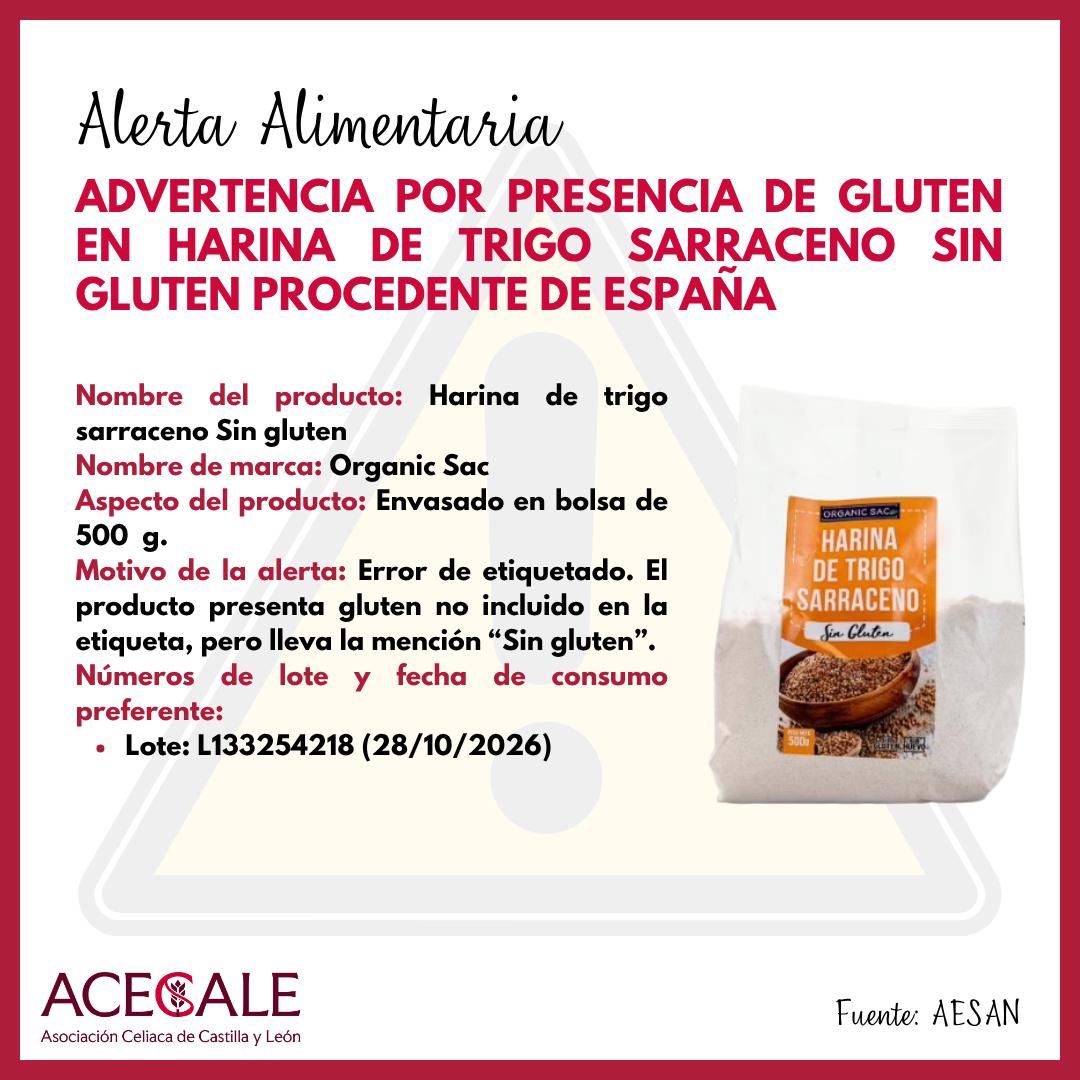 ⚠️⚠️ Alerta Alimentaría ⚠️⚠️ Presencia de Gluten en Harina  de Trigo Sarraceno Etiquetado "Sin gluten" procedente de España