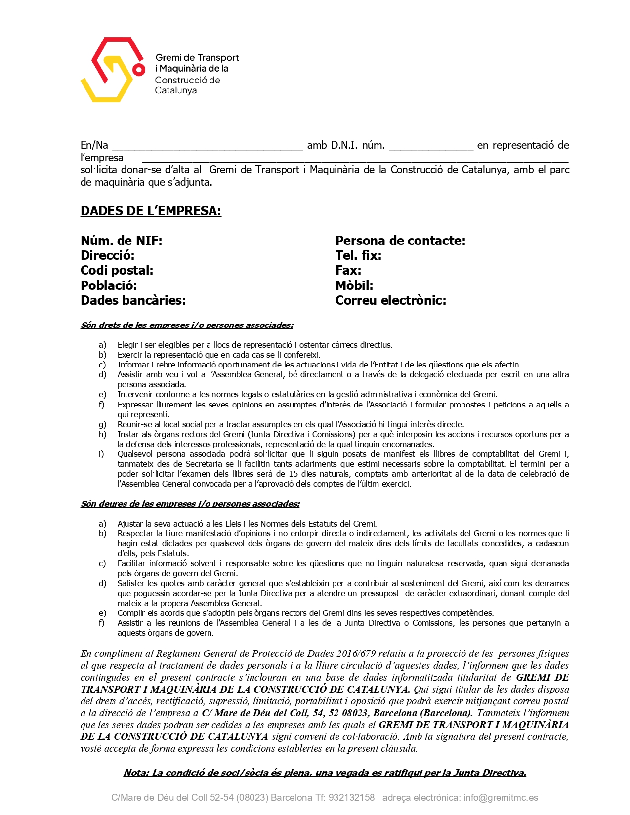 Imagen de documento de ficha de alta en el Gremi de Transports i Maquinària de la Construcció de Catalunya con logotipo